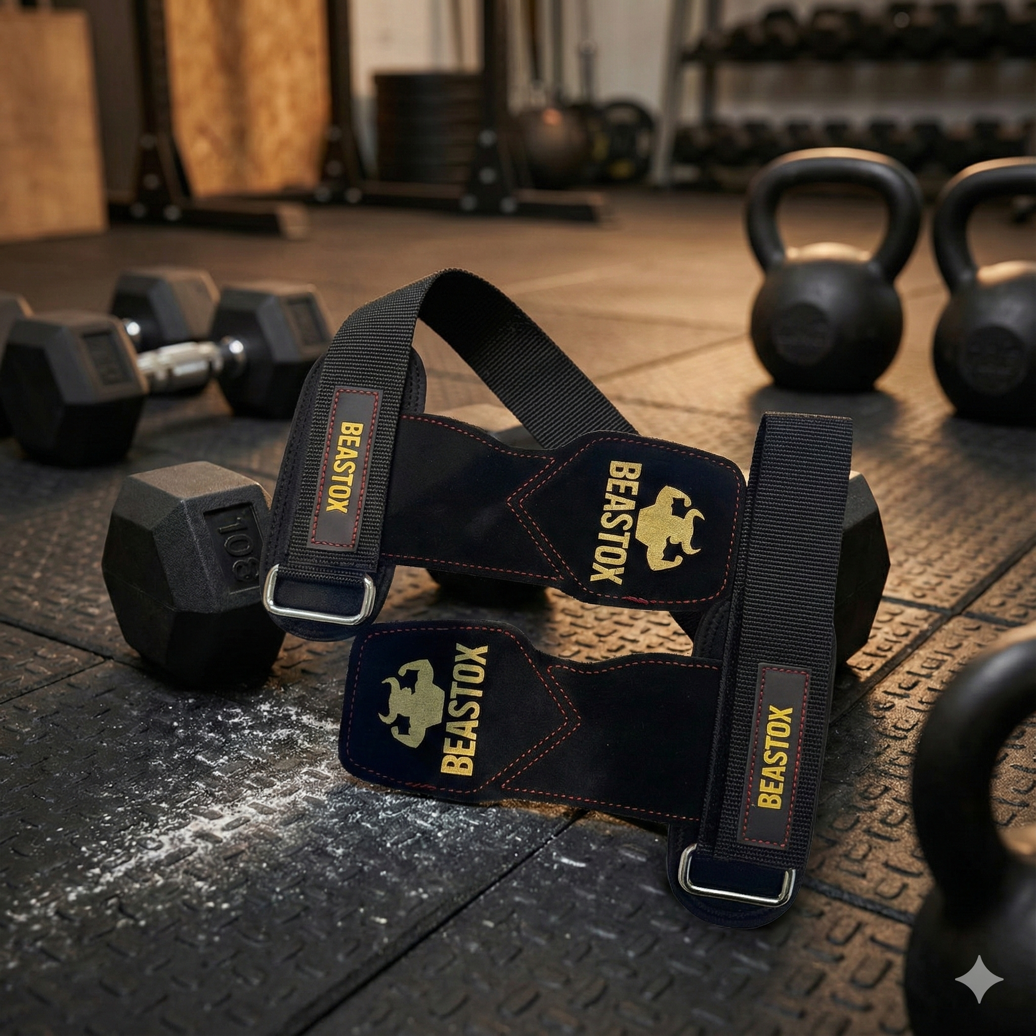 BEASTOX Pro Weight Lifting Straps displayed on gym floor with kettlebells and dumbbells, emphasizing rugged durability.