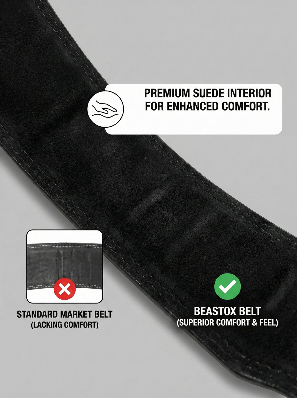 Comparison of BEASTOX Belt's premium suede interior versus standard market belt, emphasizing enhanced comfort and superior feel.