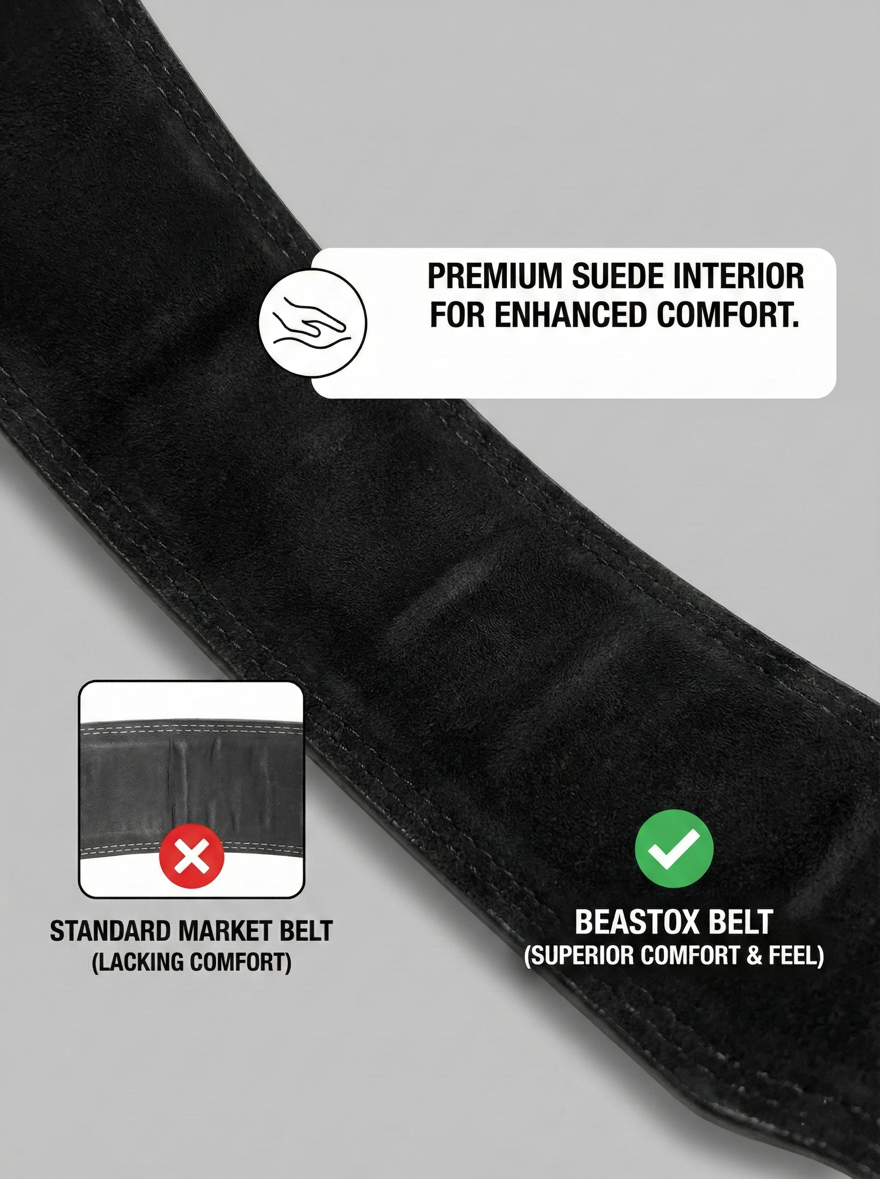 Comparison of BEASTOX Belt's premium suede interior versus standard market belt, emphasizing enhanced comfort and superior feel.