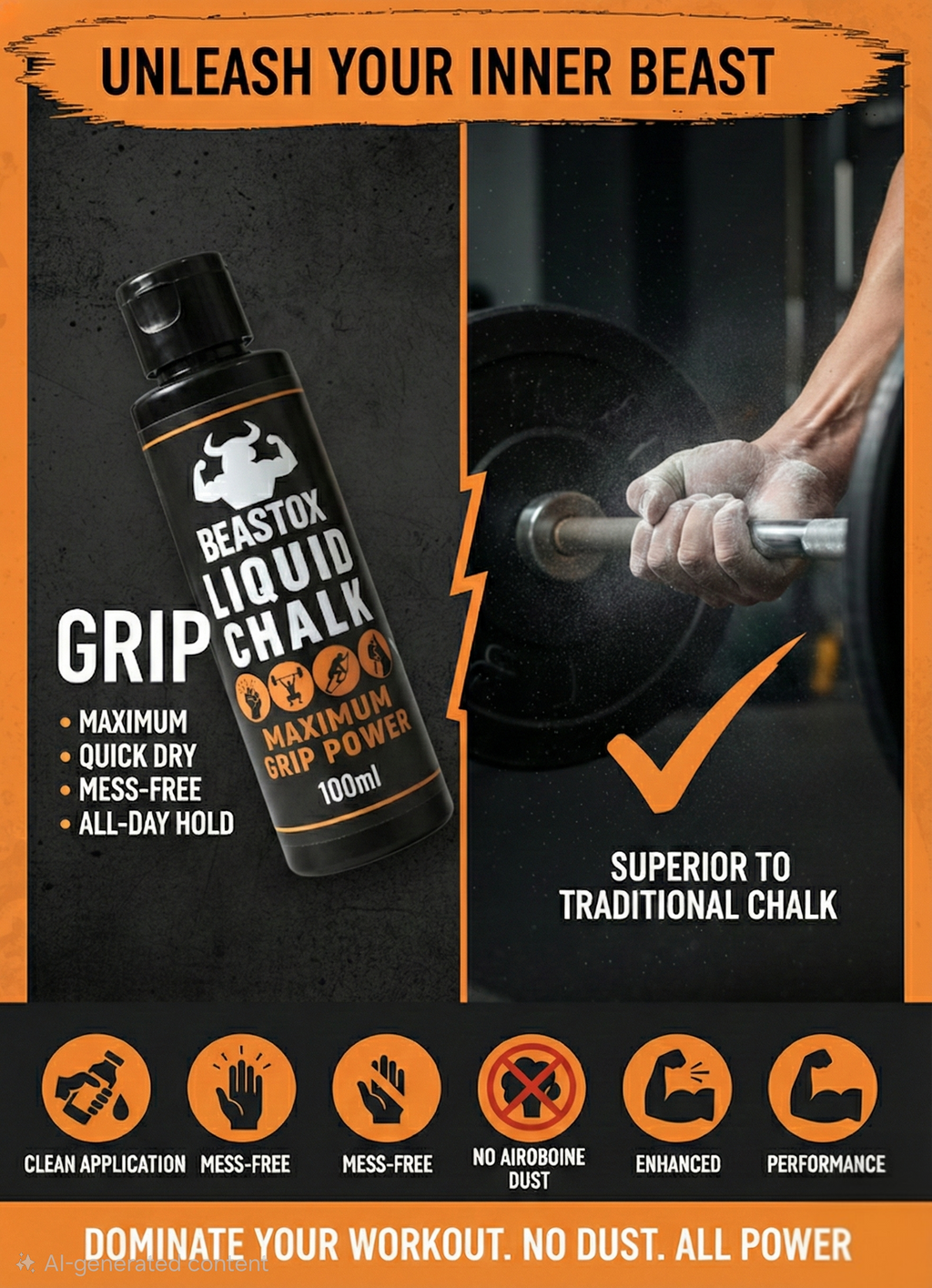 BEASTOX Liquid Chalk 100ml bottle with grip benefits and icons showing mess-free, no dust, and enhanced performance for gym workouts.