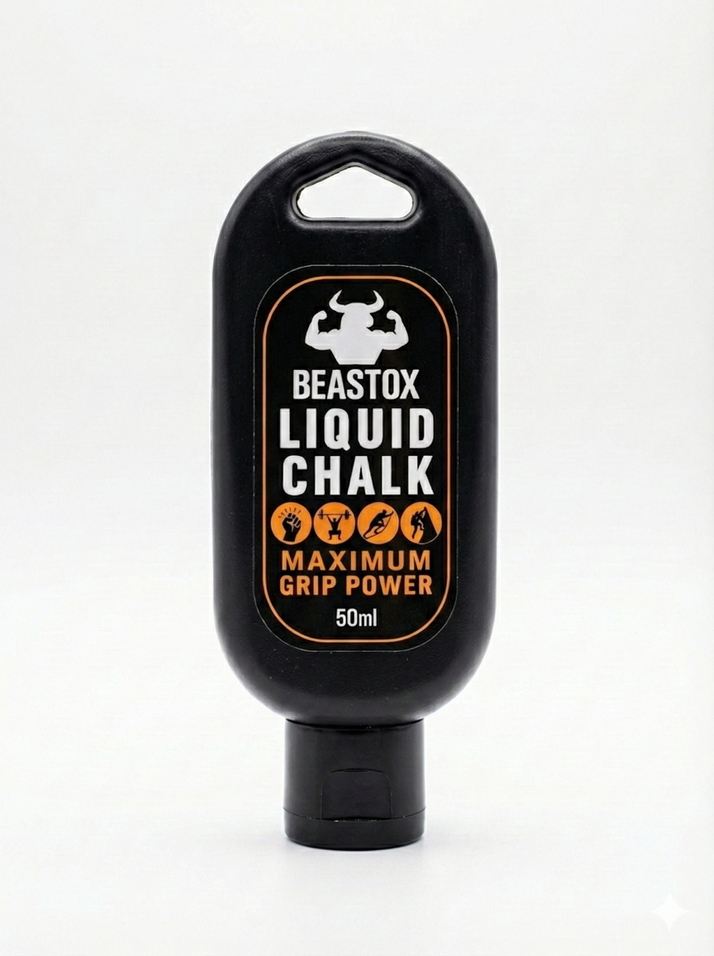 BEASTOX Liquid Chalk 50ml bottle with bold black and orange design, ideal for weightlifting and fitness grip enhancement.