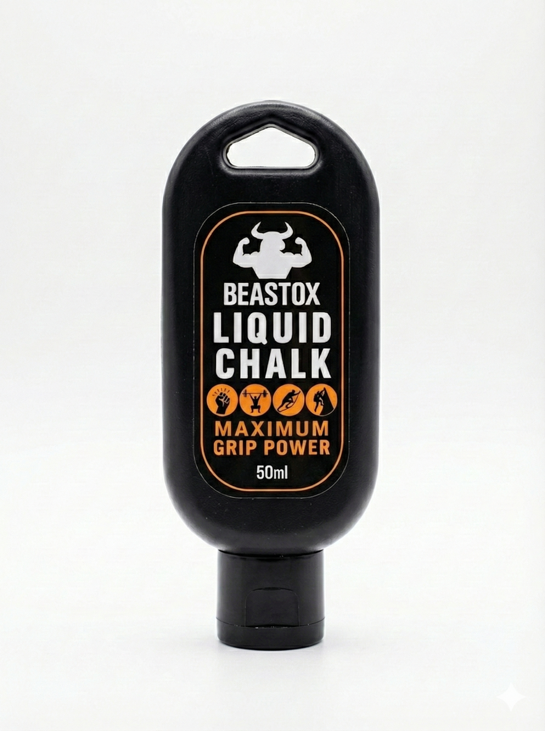 BEASTOX Liquid Chalk 50ml bottle with bold black and orange design, ideal for weightlifting and fitness grip enhancement.