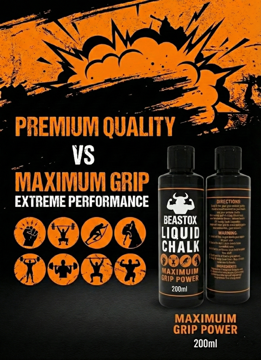 BEASTOX Liquid Chalk 200ml comparison ad showcasing premium quality and maximum grip for extreme sports and fitness training.