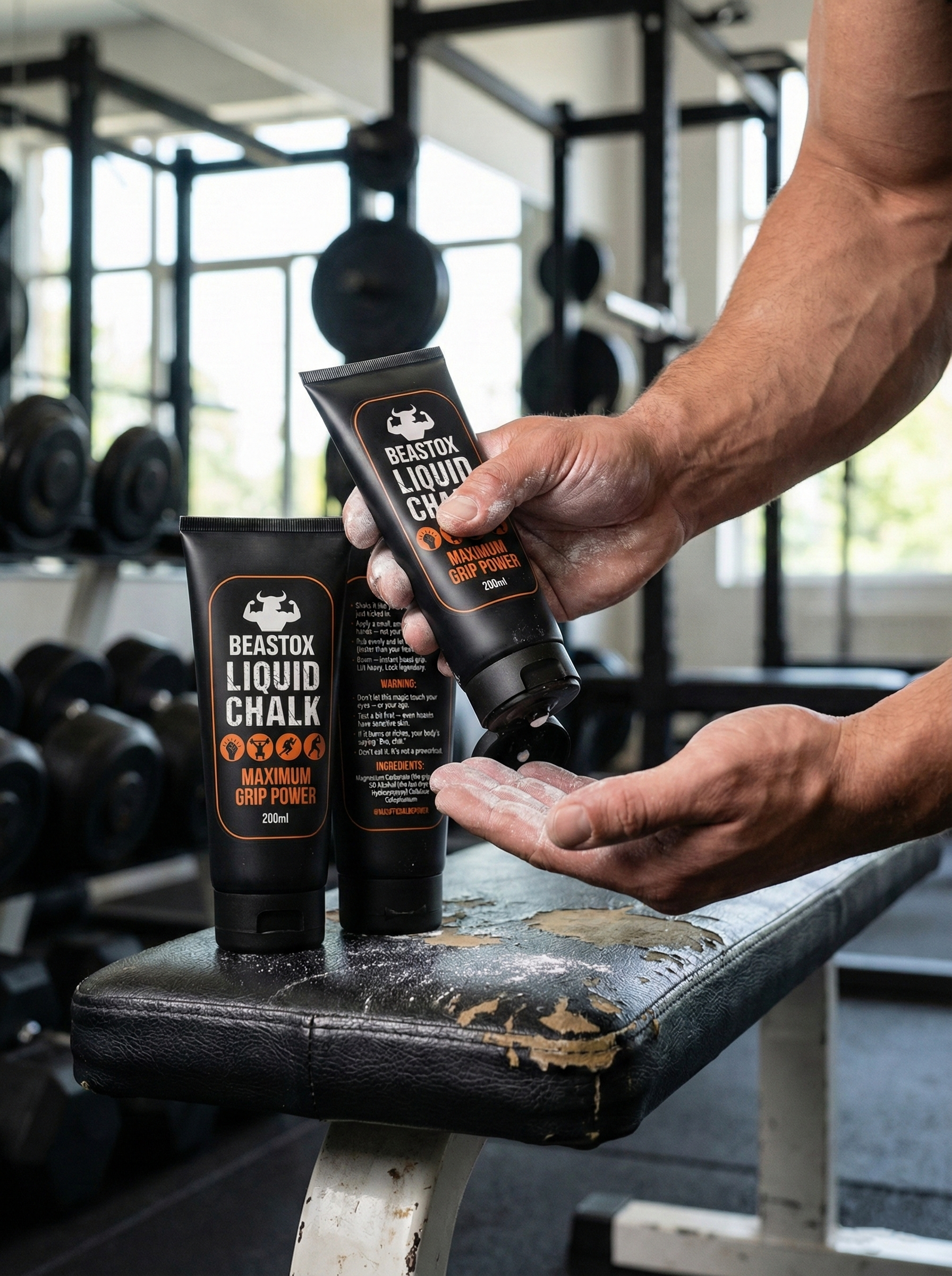 Athlete applying BEASTOX Performance Liquid Chalk - 200ml Tube before lifting weights, with two tubes placed on gym bench for branding emphasis.