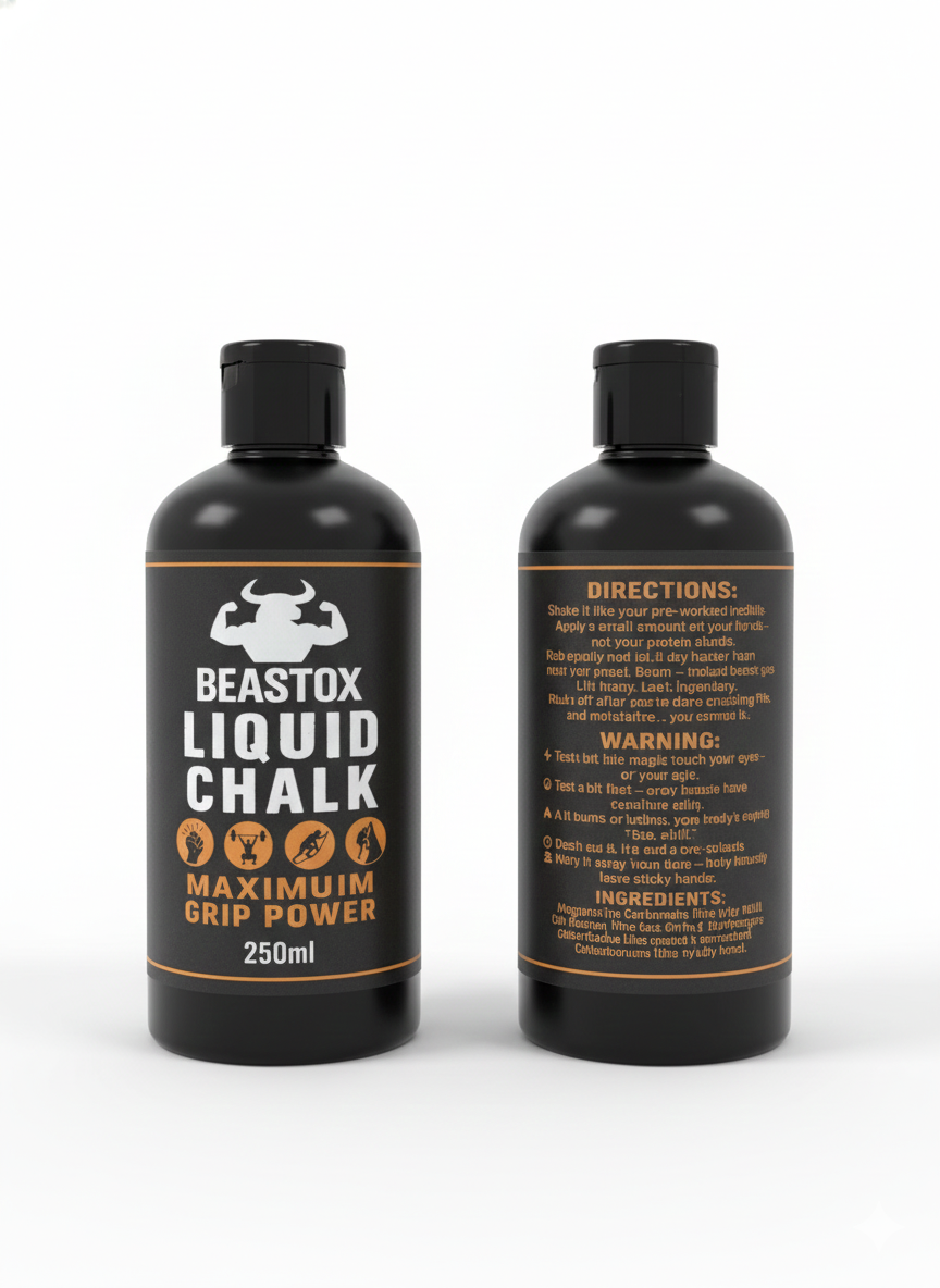Front and back view of Beast Ox Liquid Chalk 250ml bottle showing product label, usage directions, and ingredients for fitness and lifting use.