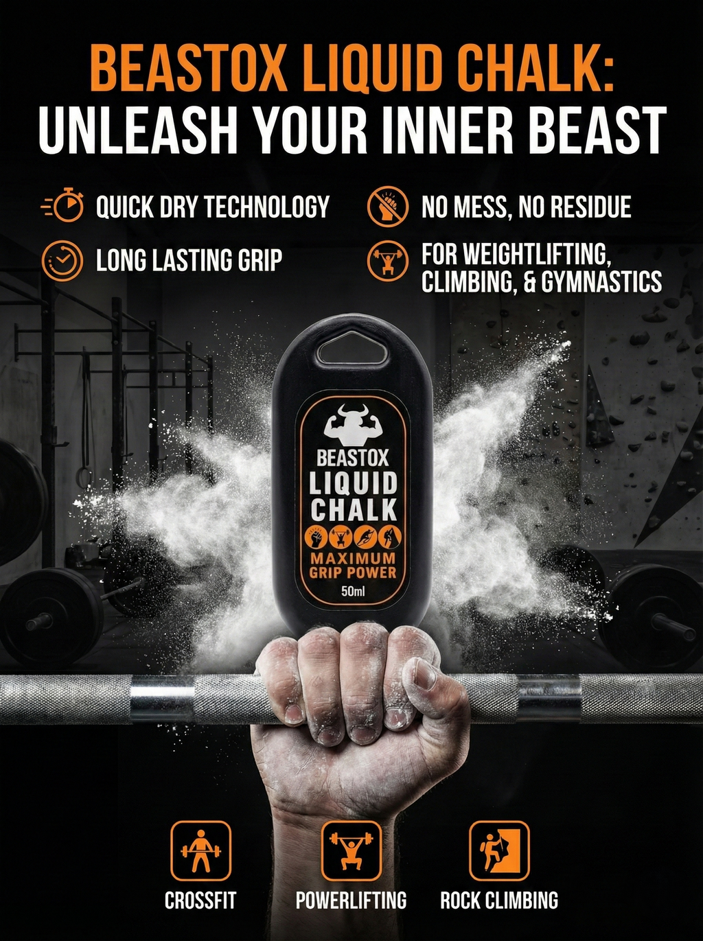 BEASTOX Liquid Chalk 50ml shown with benefits like quick dry, no mess, and long-lasting grip for CrossFit, powerlifting, and rock climbing.