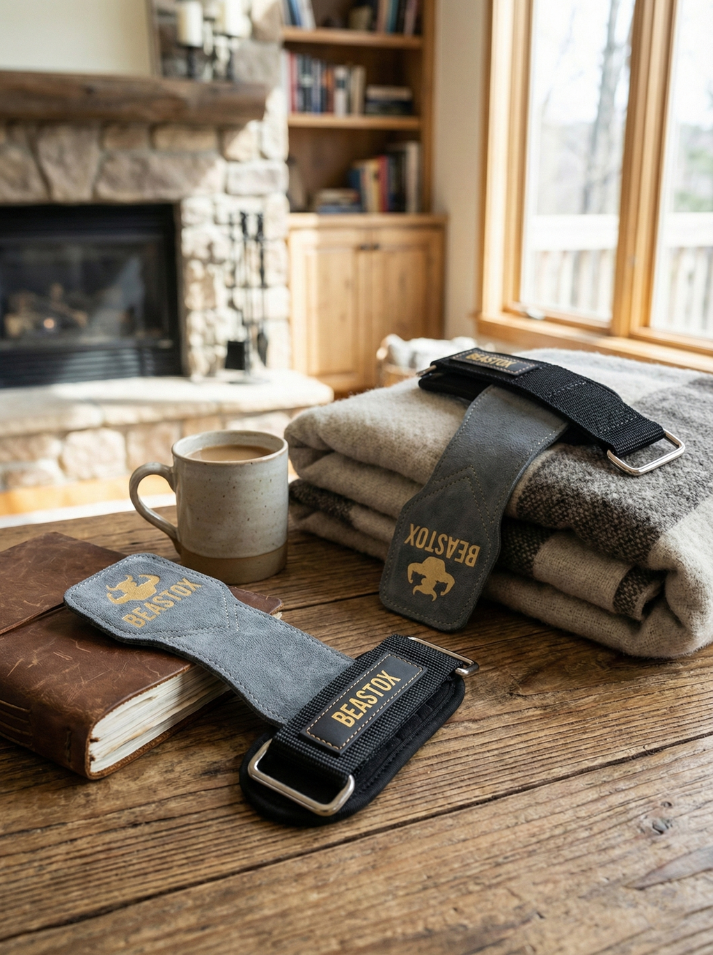 BEASTOX Pro Weight Lifting Straps placed on a rustic wooden table with cozy indoor setting, showcasing premium design.