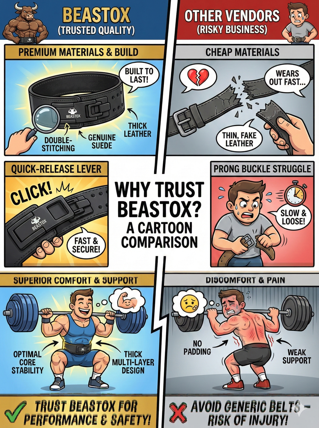 Comic comparison of BEASTOX Premium Leather Weight Lifting Belt vs other vendors, highlighting superior materials, comfort, and injury prevention.