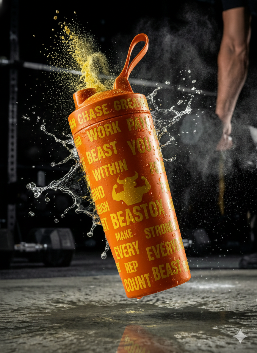 Orange BEASTOX Performance Shaker in action with powder burst and water splash, highlighting its rugged build and fitness appeal.