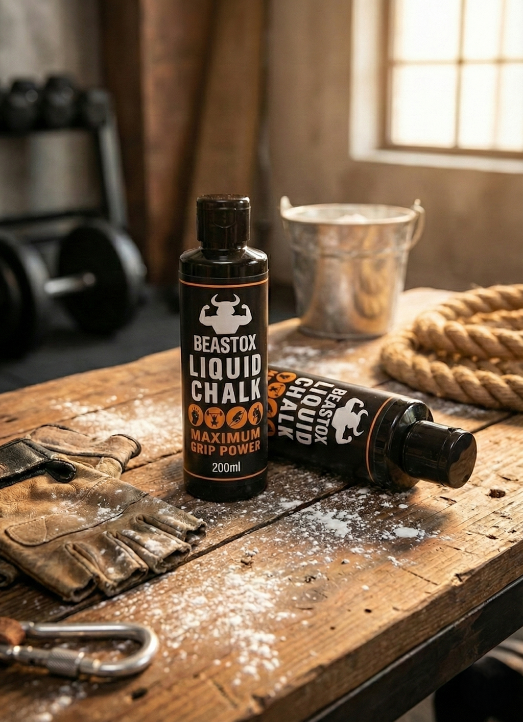 BEASTOX Liquid Chalk 200ml bottles on a gym bench with workout gear, promoting mess-free, long-lasting grip for serious lifters and athletes.