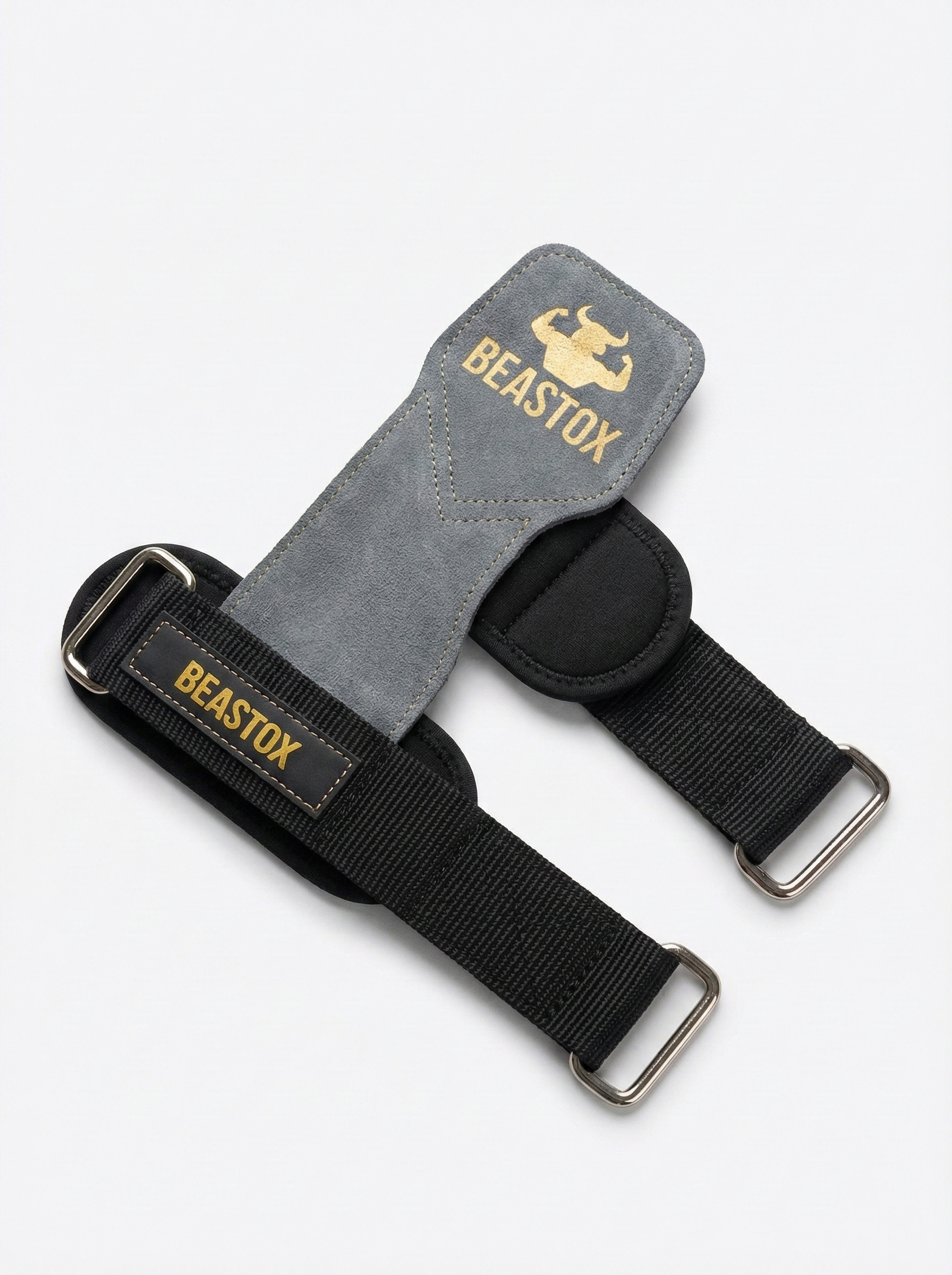 Top view of BEASTOX Pro Weight Lifting Straps with grey suede grip and black nylon strap, laid flat on white background.