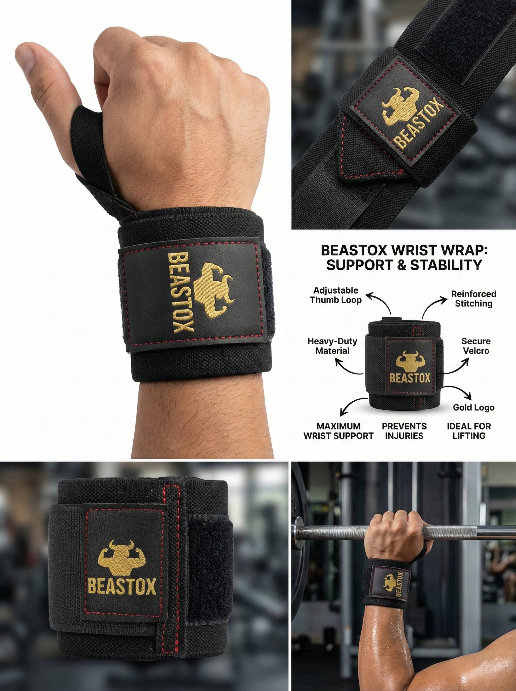 Detailed view of BEASTOX Professional Wrist Wraps – Heavy Duty Black Gold Edition features including reinforced stitching, velcro strap, and thumb loop in action.