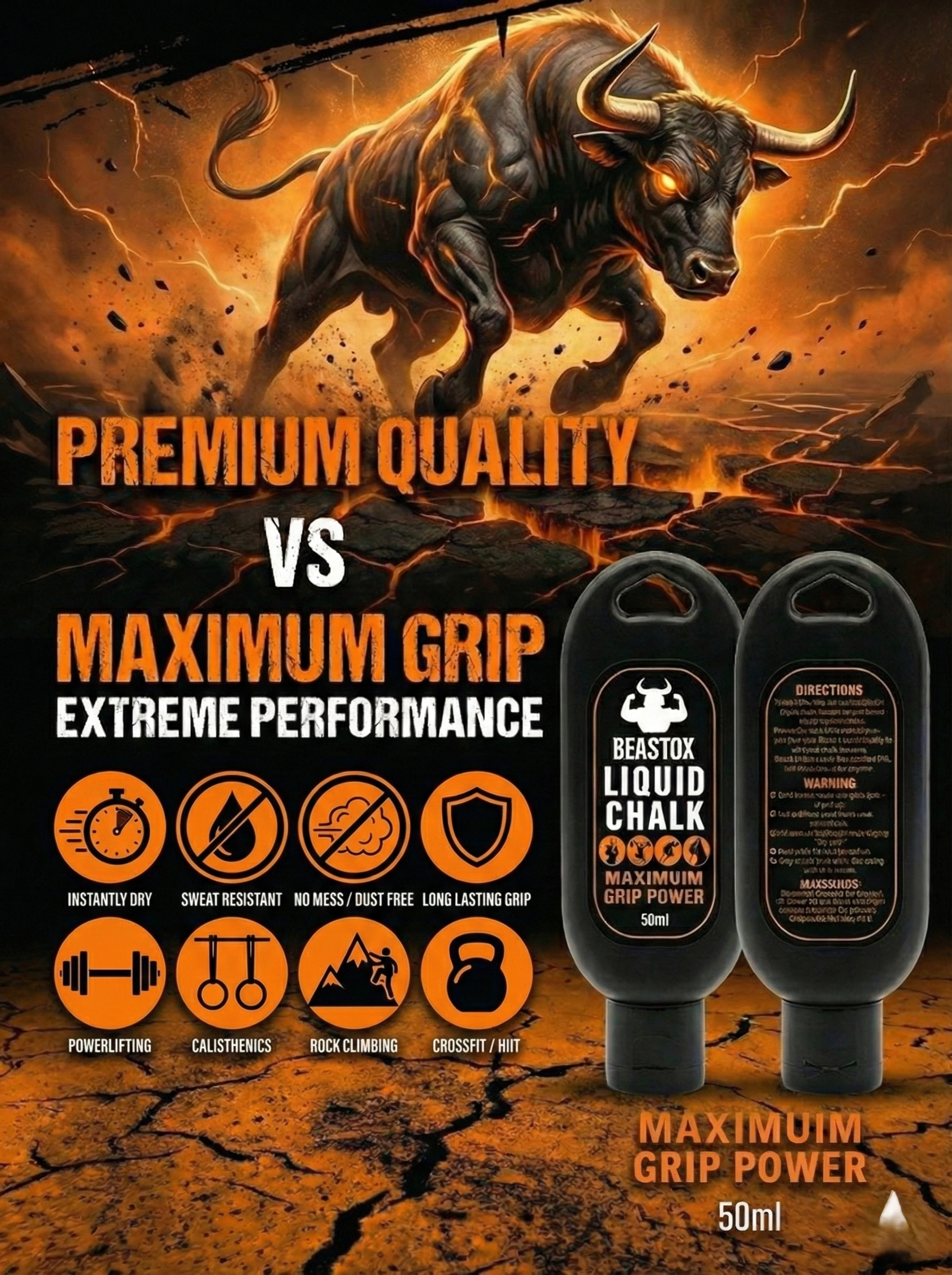 BEASTOX Liquid Chalk 50ml highlighted with premium grip features for extreme performance in calisthenics, CrossFit, and climbing workouts.