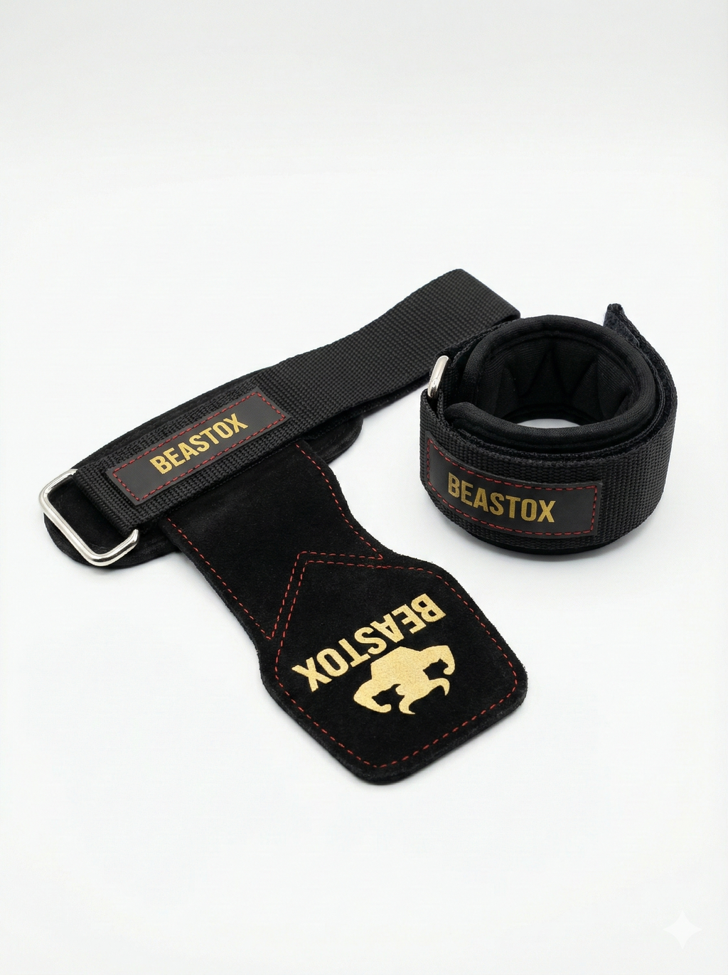 BEASTOX Pro Weight Lifting Straps with black suede grip and red stitching, coiled and ready for gym use.