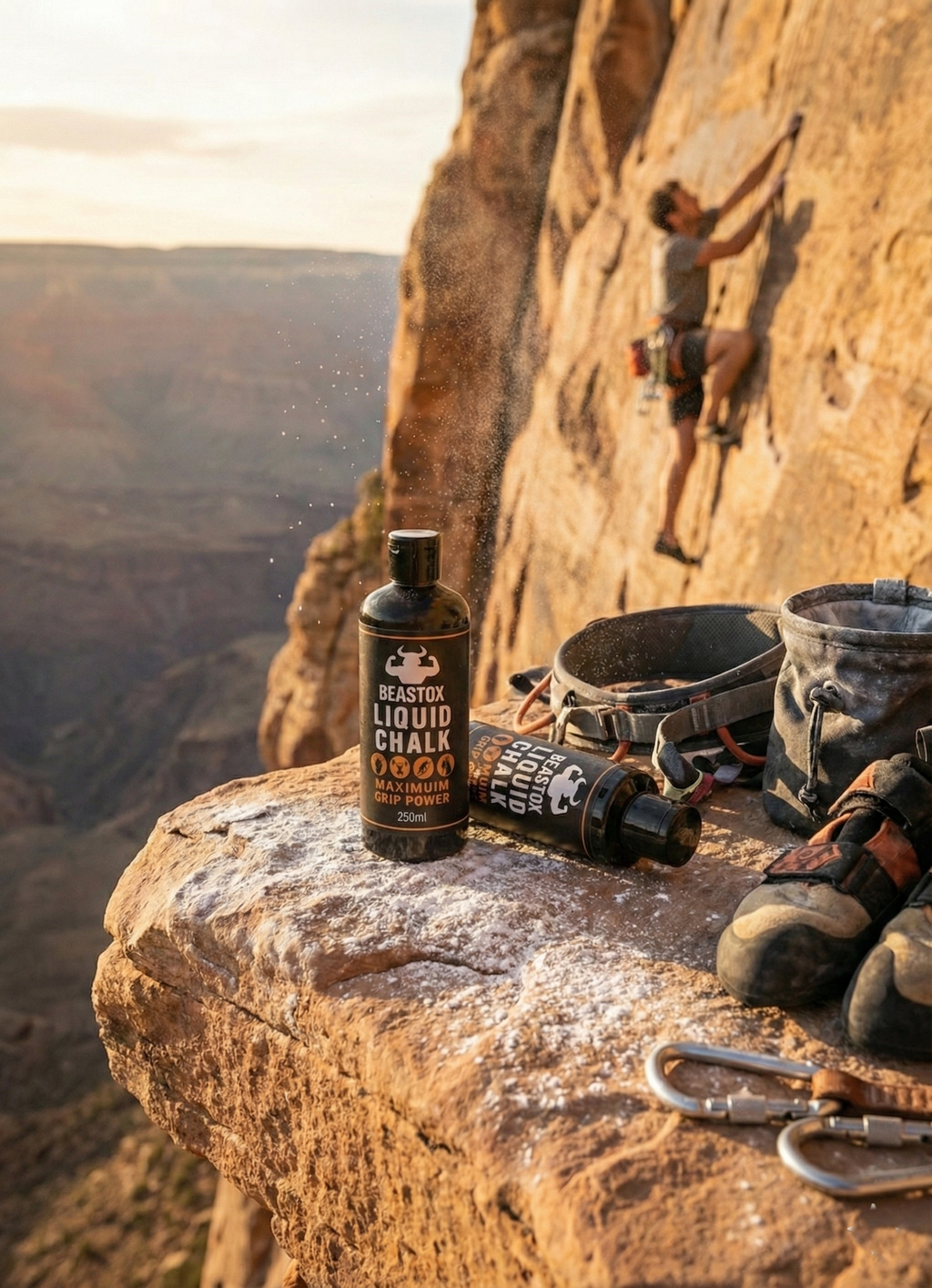 Beast Ox Liquid Chalk 250ml on cliff ledge with climbing gear, highlighting superior grip for rock climbing and outdoor fitness challenges.
