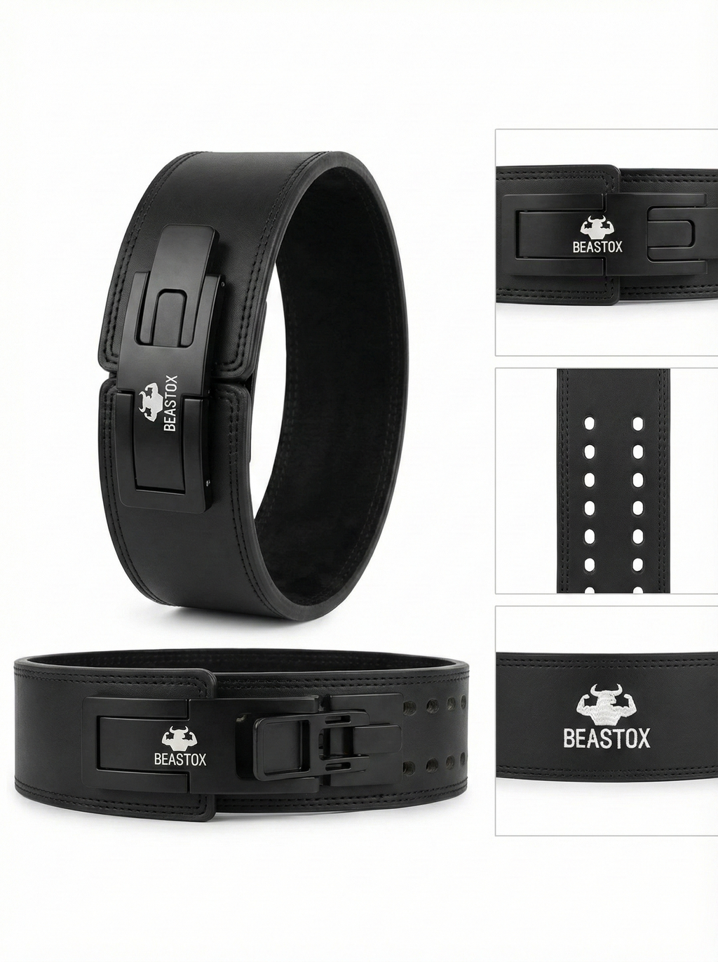 BEASTOX Premium Leather Weight Lifting Belt with quick-release lever buckle, featuring durable black leather and adjustable sizing for heavy lifting.