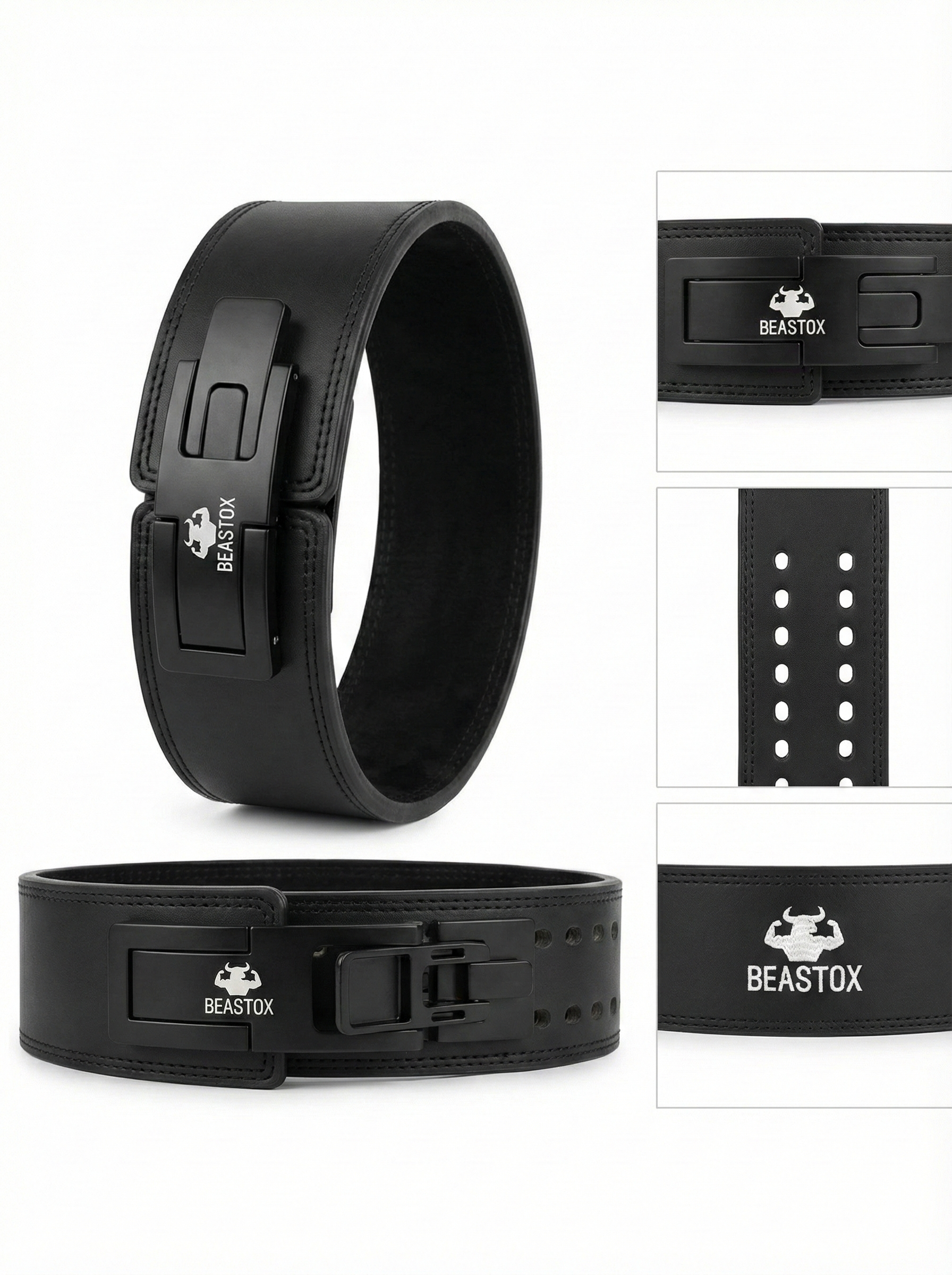 BEASTOX Premium Leather Weight Lifting Belt with quick-release lever buckle, featuring durable black leather and adjustable sizing for heavy lifting.