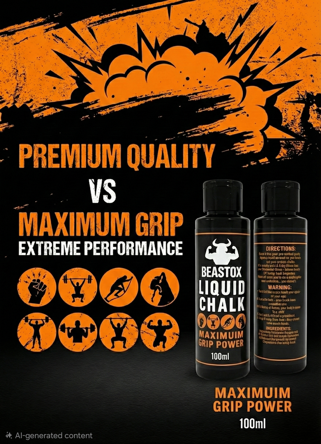 BEASTOX Liquid Chalk 100ml bottle with icons and bold text emphasizing premium quality, maximum grip, and extreme performance for athletes.