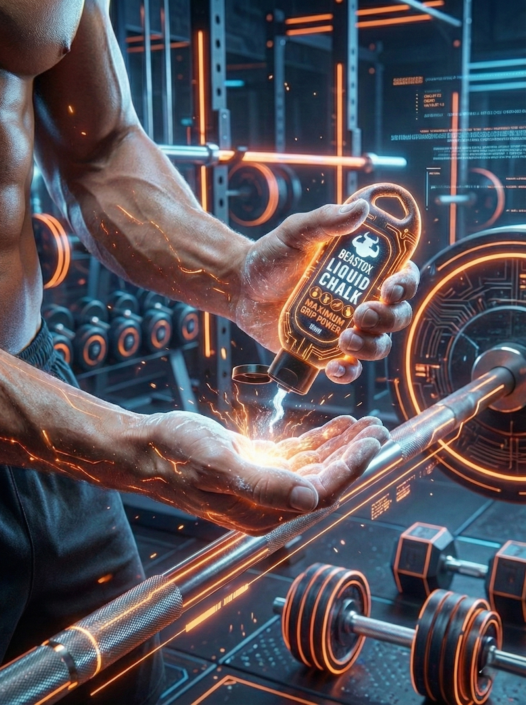 Athlete applying BEASTOX Liquid Chalk 50ml in a futuristic gym setting, emphasizing maximum grip power for intense weight training.