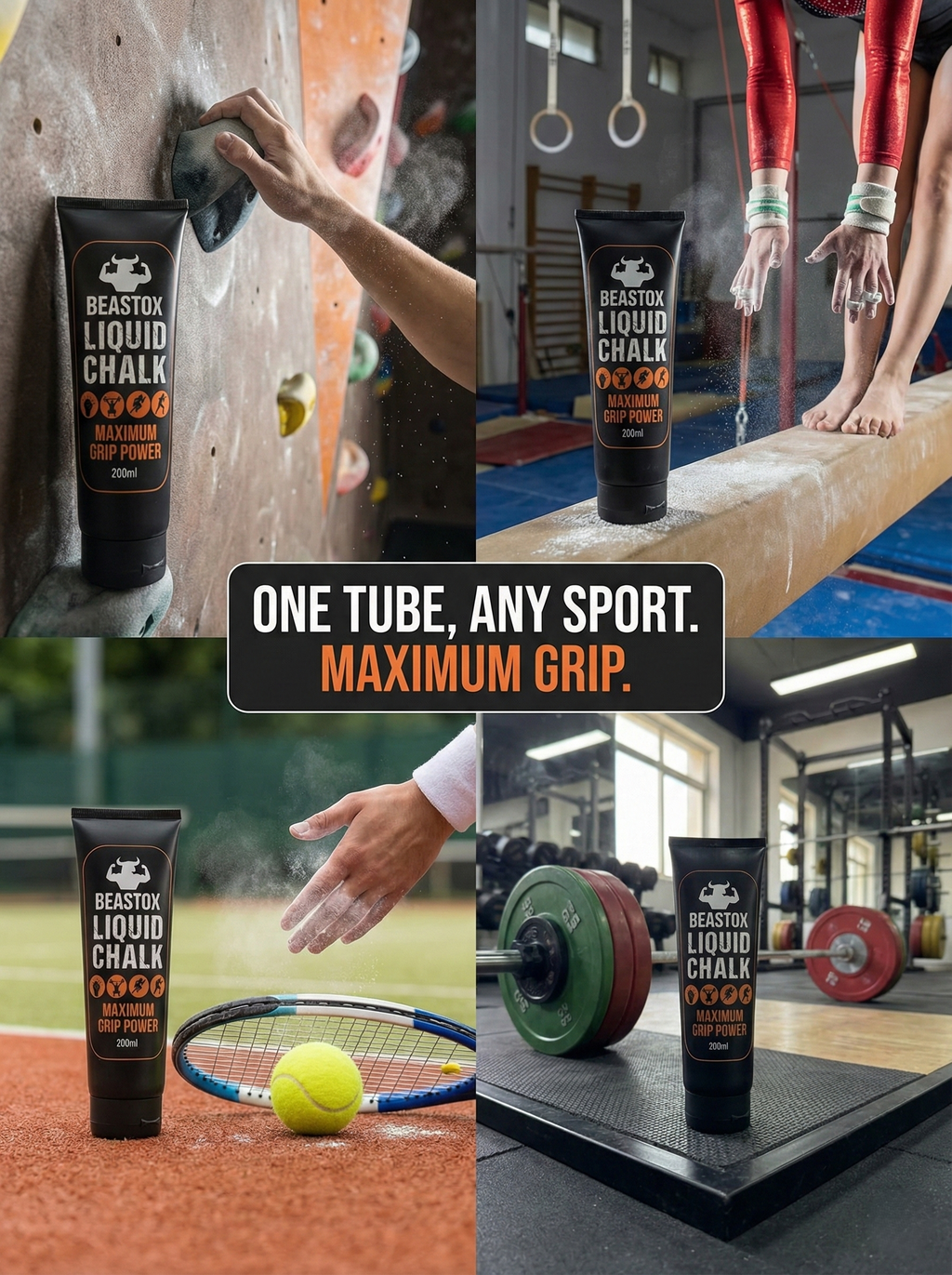 BEASTOX Performance Liquid Chalk - 200ml Tube featured across various sports like rock climbing, gymnastics, tennis, and weightlifting for maximum grip.