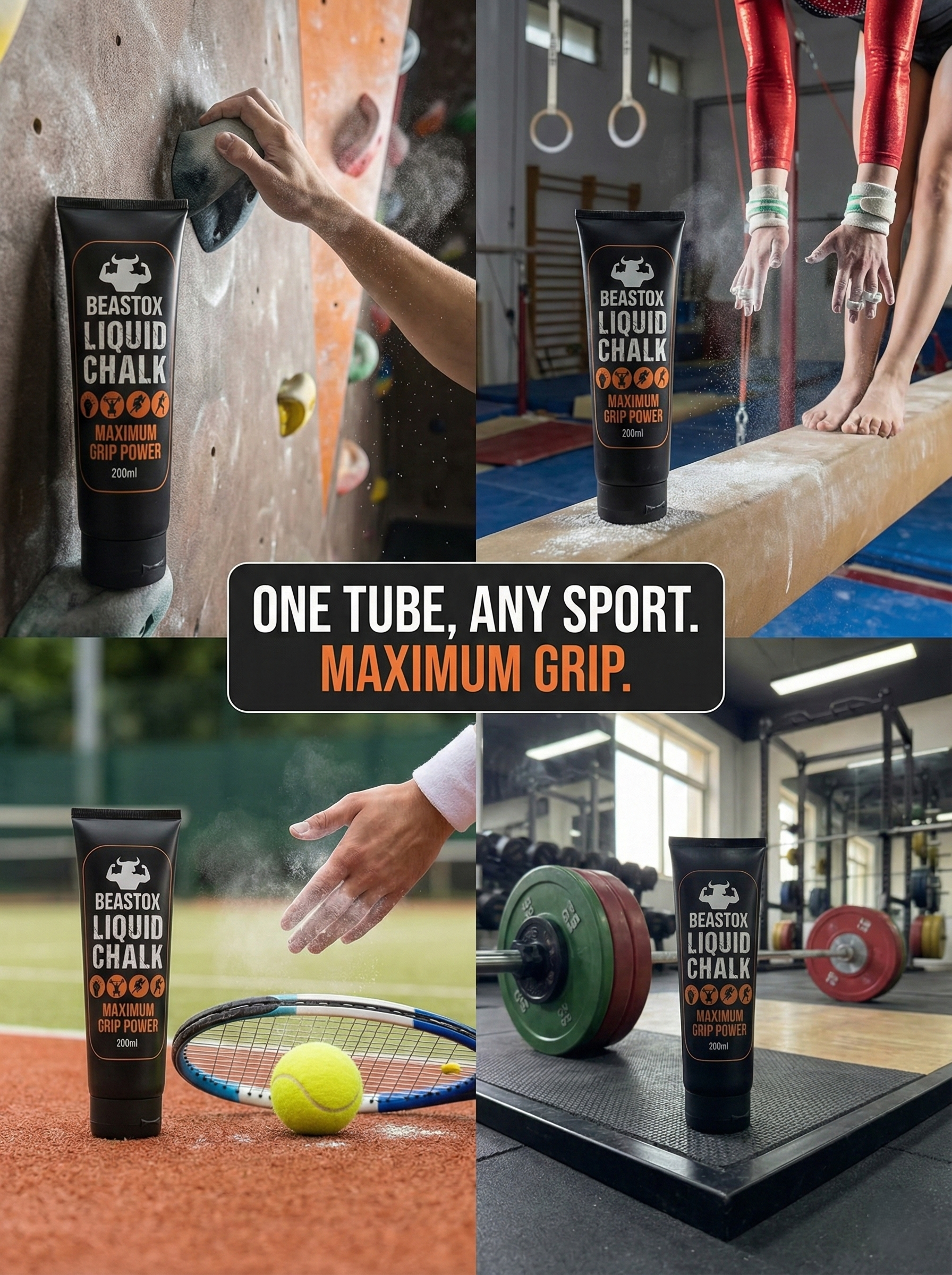 BEASTOX Performance Liquid Chalk - 200ml Tube featured across various sports like rock climbing, gymnastics, tennis, and weightlifting for maximum grip.