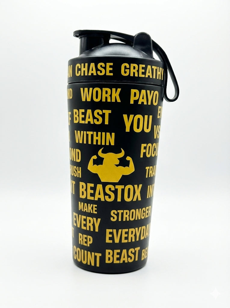 Black BEASTOX Performance Shaker with bold yellow motivational text, designed for high-performance mixing and gym durability.