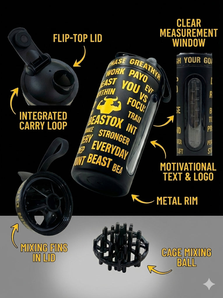 Exploded view of black BEASTOX Performance Shaker showing flip-top lid, mixing fins, and cage ball for smooth, lump-free blending.