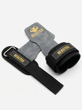 Close-up of BEASTOX Pro Weight Lifting Straps featuring grey suede grip and black nylon strap with reinforced stitching.
