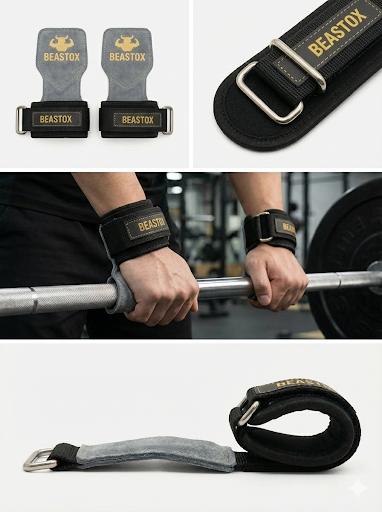 Multi-angle shots of BEASTOX Pro Weight Lifting Straps in use and close-up of metal loop, showcasing secure fit and grip.