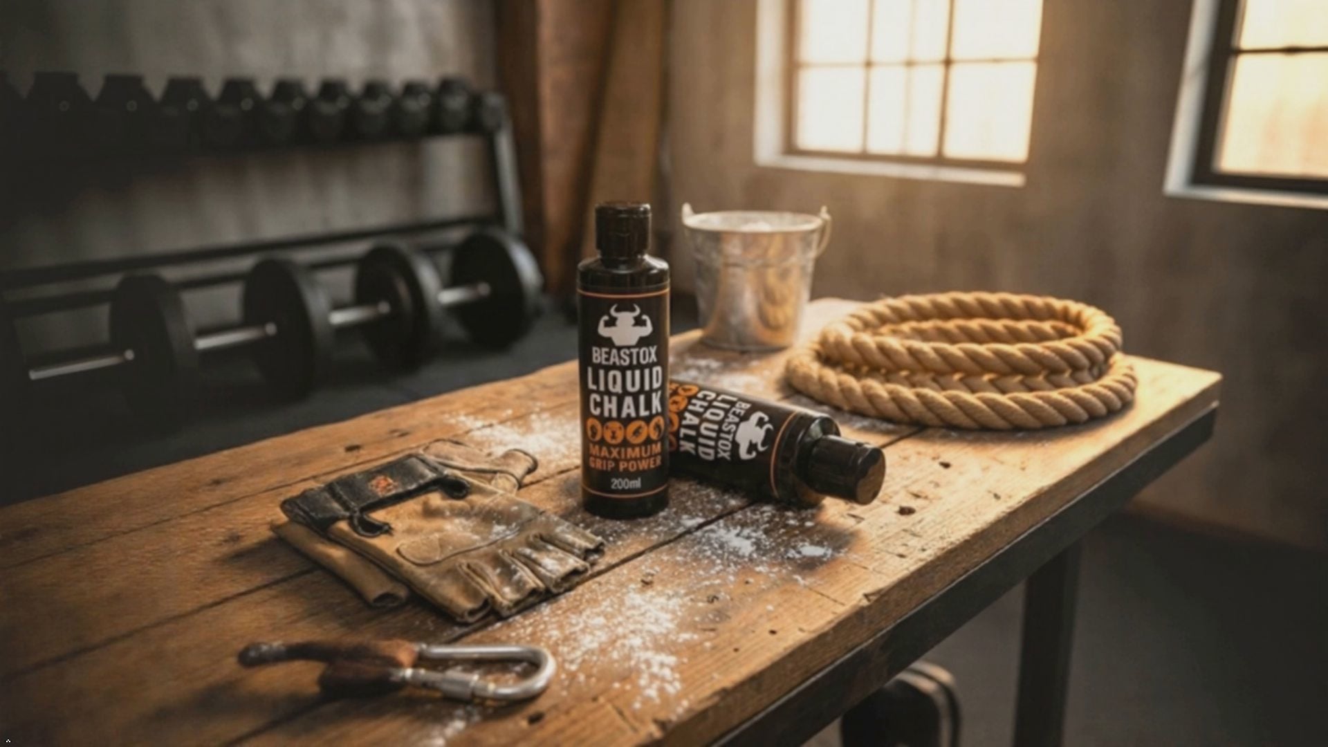 BEASTOX Liquid Chalk 200ml placed on a rustic gym table with gloves, rope, and chalk dust, ideal for weightlifting and athletic training.