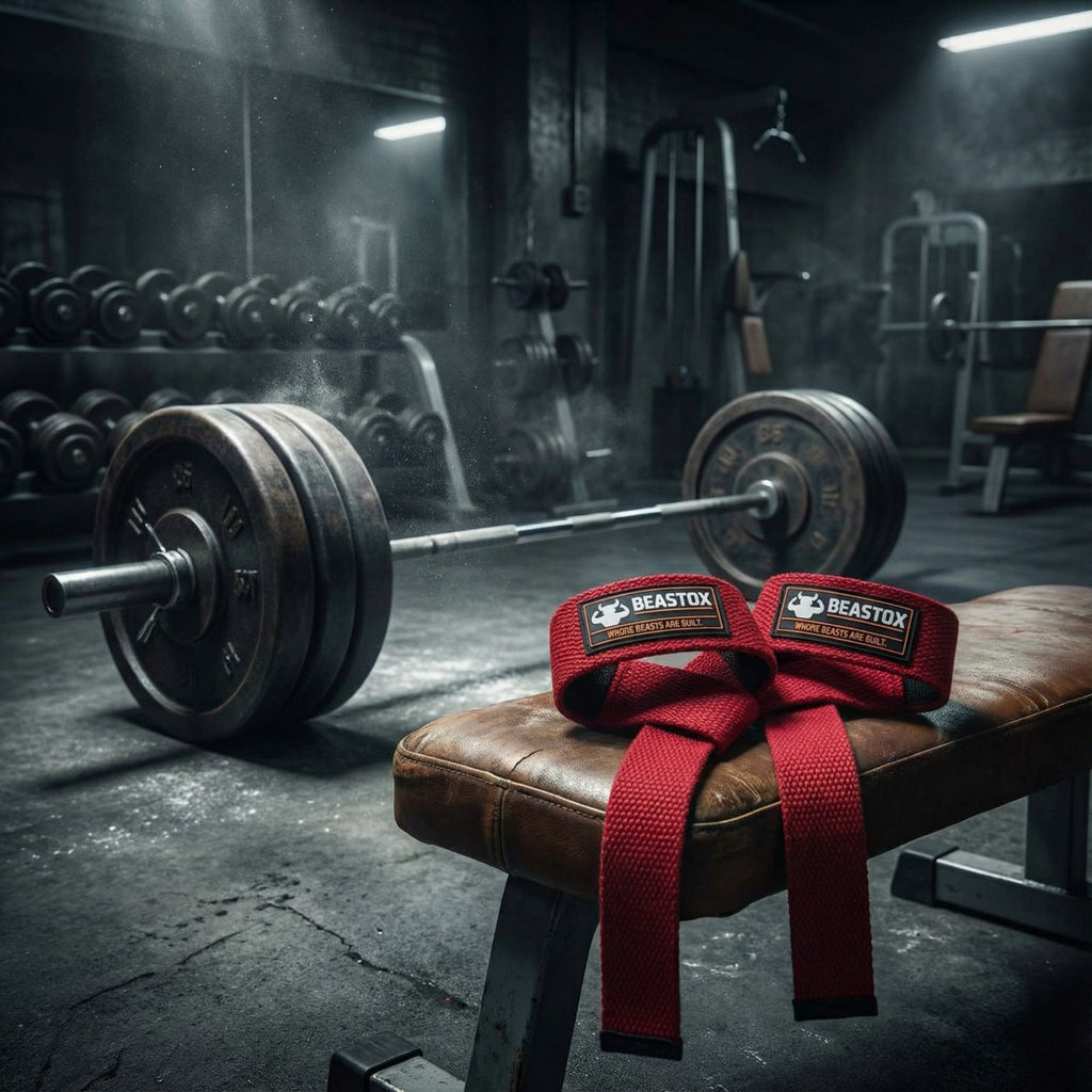 Beastox Lifting Straps, Heavy Duty Woven Cotton, Padded Wrist Support, for Deadlifts Rows Pull-Ups (Red)