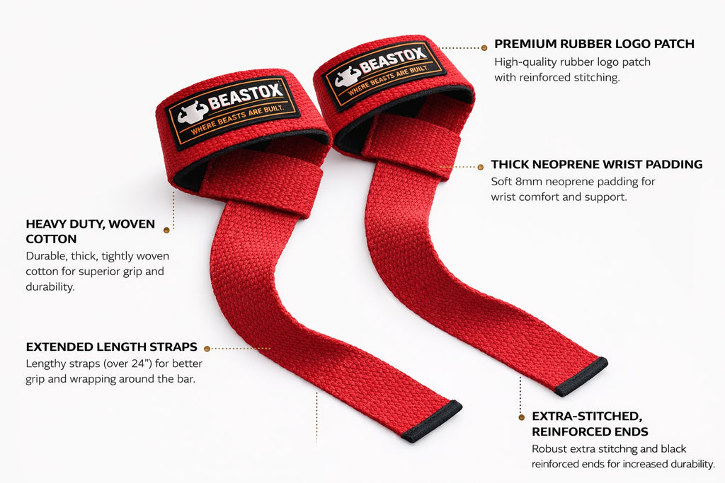 Beastox Lifting Straps, Heavy Duty Woven Cotton, Padded Wrist Support, for Deadlifts Rows Pull-Ups (Red)