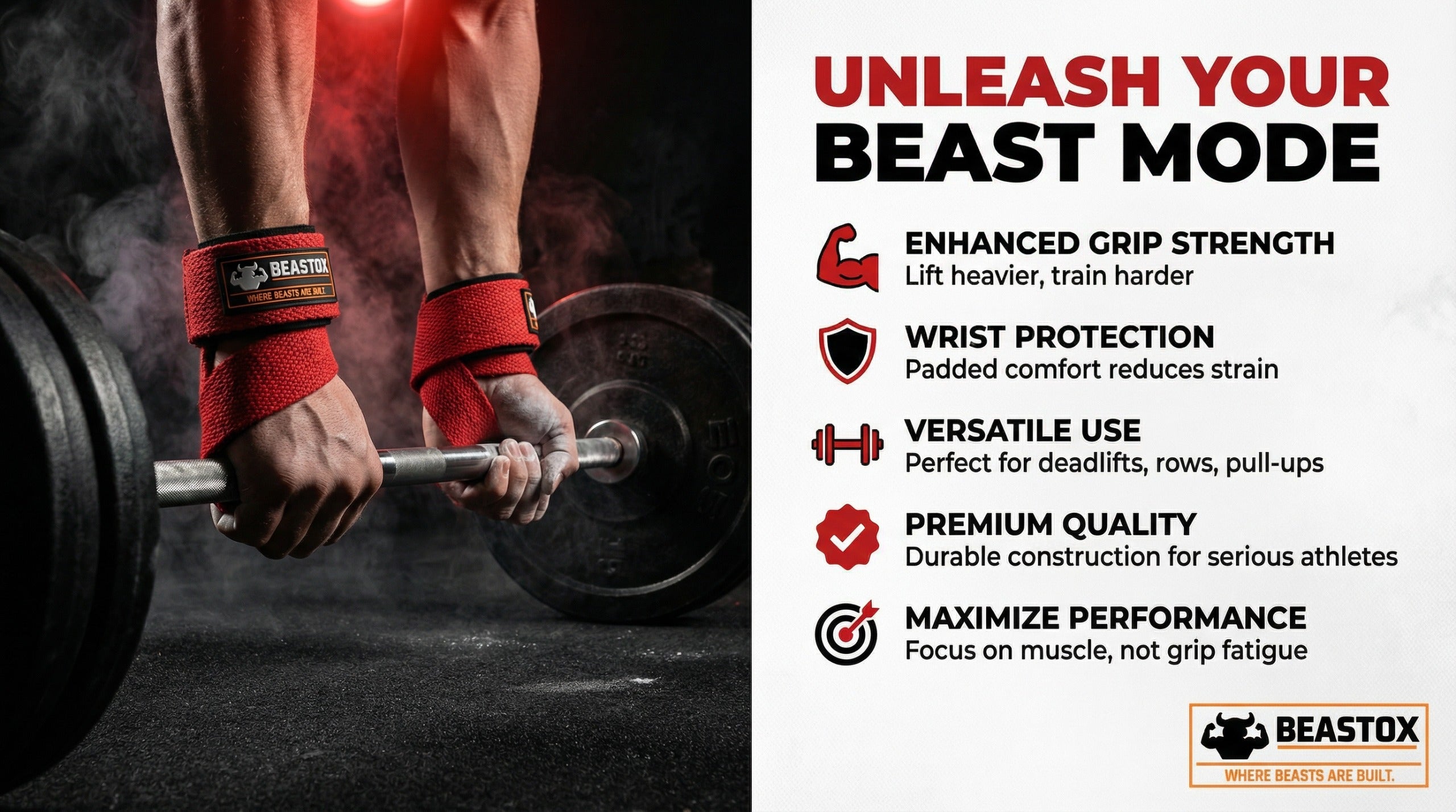 Beastox Lifting Straps, Heavy Duty Woven Cotton, Padded Wrist Support, for Deadlifts Rows Pull-Ups (Red)